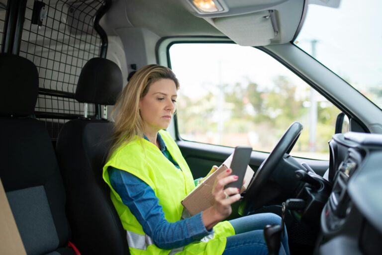 Female courier in reflective vest checks deliveries using phone inside vehicle.